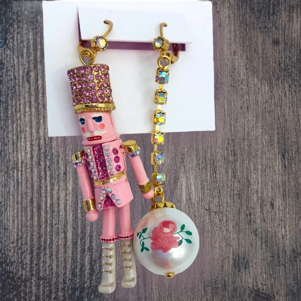 Betsey Johnson Nutcracker Linear Ball Mismatch Pink Earrings